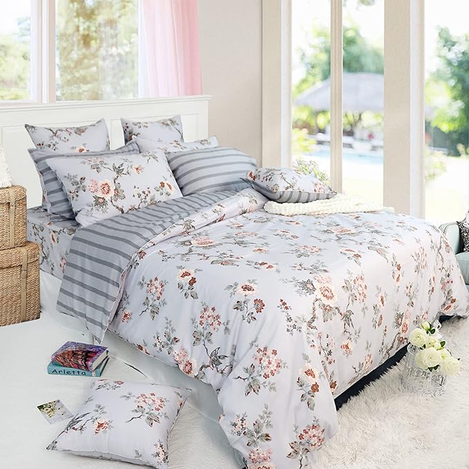 FADFAY Duvet Cover Set Elegant Floral Bedding Shabby Grey Bird Flower Quilt Cover Set Vintage Farmhouse Bedding 100% Cotton Comforter Cover Set with Zipper Closure 3Pcs, King/California King Size
