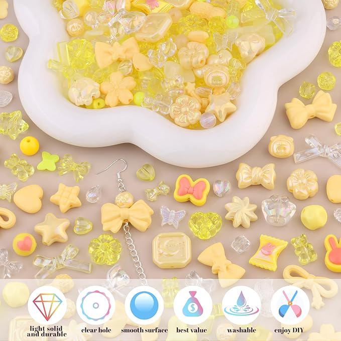 Assorted 200-260PCS Yellow Acrylic Beads for Bracelet Making, Flower Bow Candy GummyBear Bracelet Charms,Cute Beads for Jewelry Making DIY Necklace Keychain Phone Charm Christmas Gift