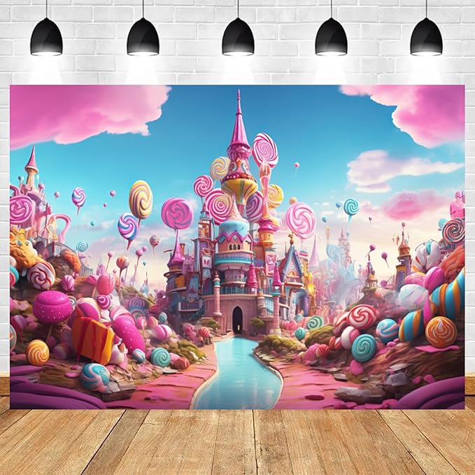 12x6ft Candyland Backdrop Sweet Candy Castle Photography Background Colorful Lollipop Blue River Cartoon Kids Birthday Banner Decorations Baby Shower Newborn Portrait Photo Booth Prop