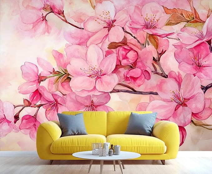 Watercolor Cherry Blossom Wall Mural, Japanese Cherry Blossom 3D Wall Murals, Simple Elegant Flowers Wallpaper Mural, for Living Room Bedroom Large Wallpaper Indoor Decor 177.16" W x120 H