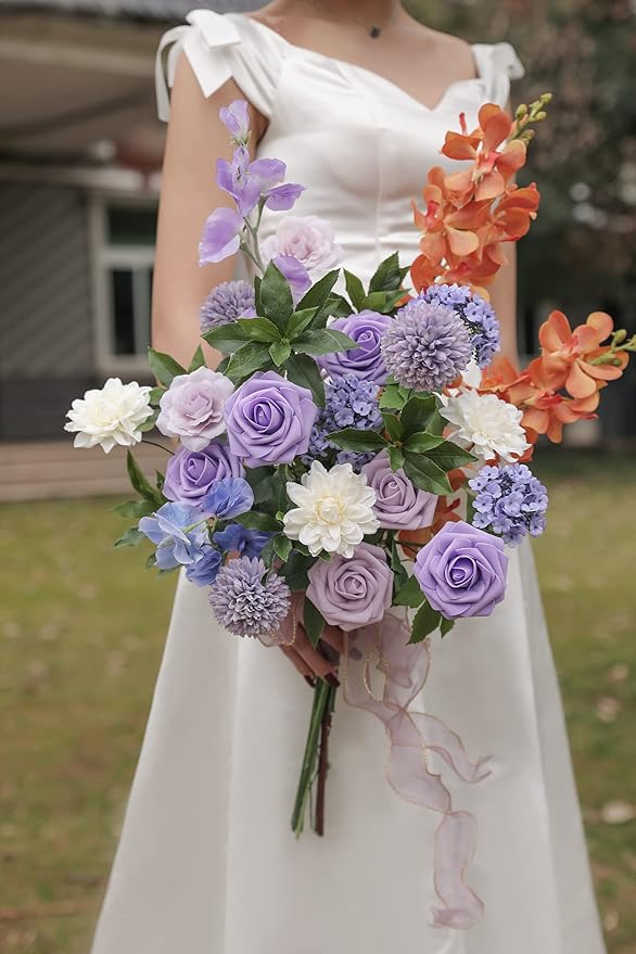 Artificial Flowers Combo Box Set Gradient Color Flower Leaf with Stems for DIY Wedding Bouquets Centerpieces Baby Shower Party Home Decor (Gradient Purple)