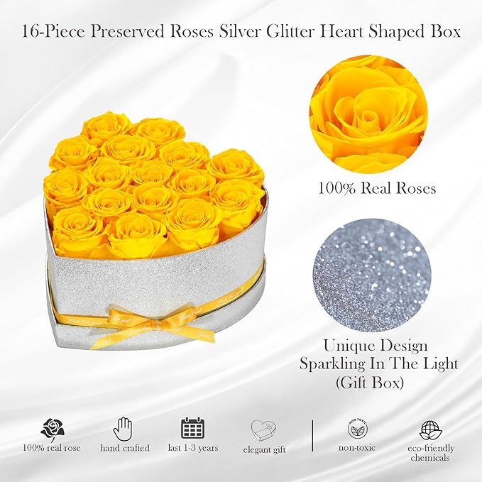 Flowers for Delivery, 16 Yellow Forever Roses in a Box, Preserved Flowers for Anniversary Birthday Mothers Day Valentines Day Gifts for Mom Women, Wife, Girlfriend