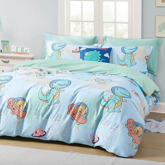SAPHREAS Cartoon Dinosaur Kids Duvet Cover Set Queen Size 4pcs with Fitted Sheet 100% Cotton Children Bedding Comforter Cover Set, Comforter Not Included