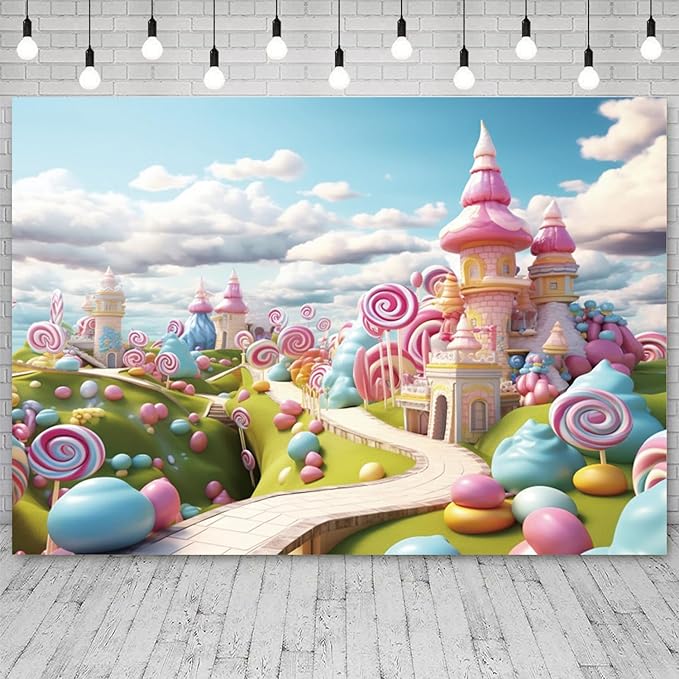 10x8ft Candyland Backdrop Fantasy Candy Castle Photography Background Sweet Lollipop Dream Blue Sky White Cloud Kids Birthday Banner Decorations Baby Shower Newborn Portrait Photo Booth Prop