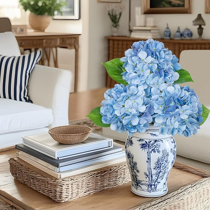 Oairse 3Pcs Blue Hydrangea Artificial Flowers 19.7 in Real Touch Faux Hydrangea Stems Silk Flowers with Stems Fake Blue Flowers Bouquet for Floral Arrangements Table Centerpieces Wedding Home Decor