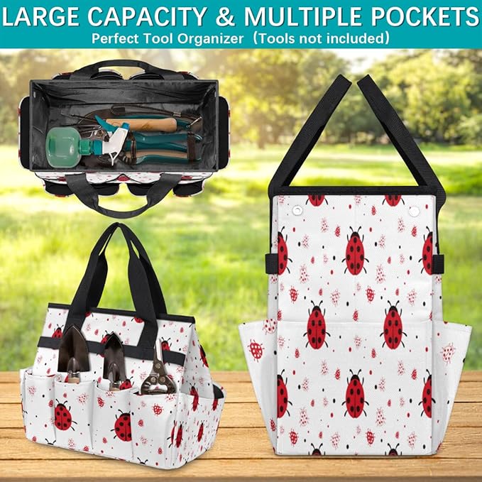 Garden Tool Tote Bag for Women Men Ladybugs Gardening Tool Storage Bags with 10 Pockets Standable Garden Home Tool Kits Organizer for Indoor Outdoor Gardening Gifts