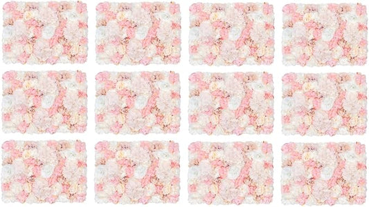 12Pcs Flower Wall Panel, 24x16in Artificial Flower Wall Backdrop Pink Dahlia Hydrangea Rose Flowers Wall Backdrop Flowers Photo Background for Photo Background Party Wedding Decoration
