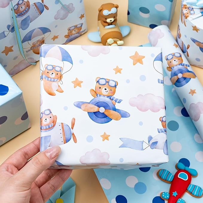 Homeral Baby Shower Wrapping Paper Roll - Adorable Blue Pilot Bear Design, Reversible Gift Wrap for Boys Birthday, Gender Reveal - Stars, Dots, Airplane and Parachute - 17 Inch x 16.5 Feet