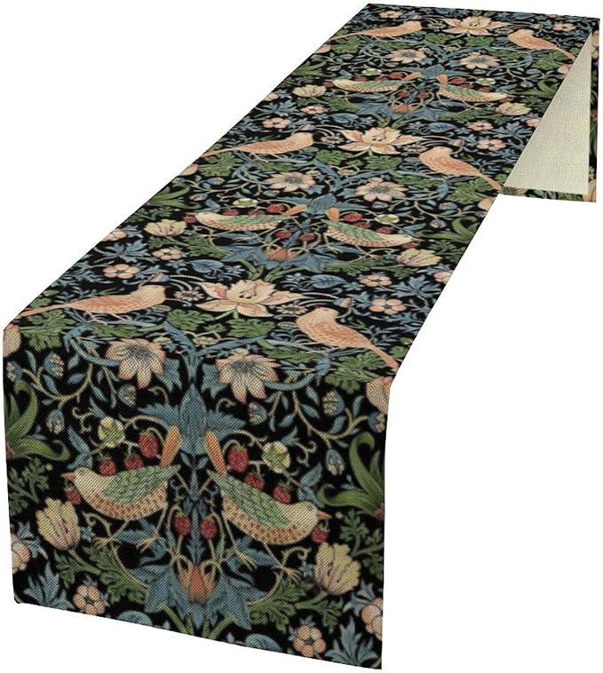 William Morris Floral Table Runner, Strawberry Thief Birds in Green and Blue Table Runner for Home Kitchen Dining Table Decoration,13x108 Inch