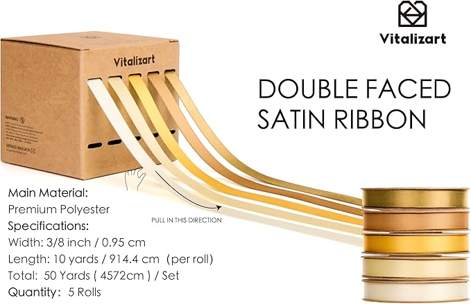 Vitalizart Gold Ribbons for Crafts 3/8" x 50 Yd Yellow Satin Ribbon Champagne Double Face Gift Wrapping Silk Like Fabric Flower Bouquet Birthday Party Decorations Bridal Shower Wreath Hair