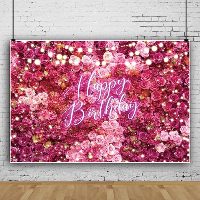 Rose Flower Happy Birthday Backdrop 10x6.5ft Shining Glitter Romantic Floral Women Girls Birthday Photography Background Baby Shower Party Decorations