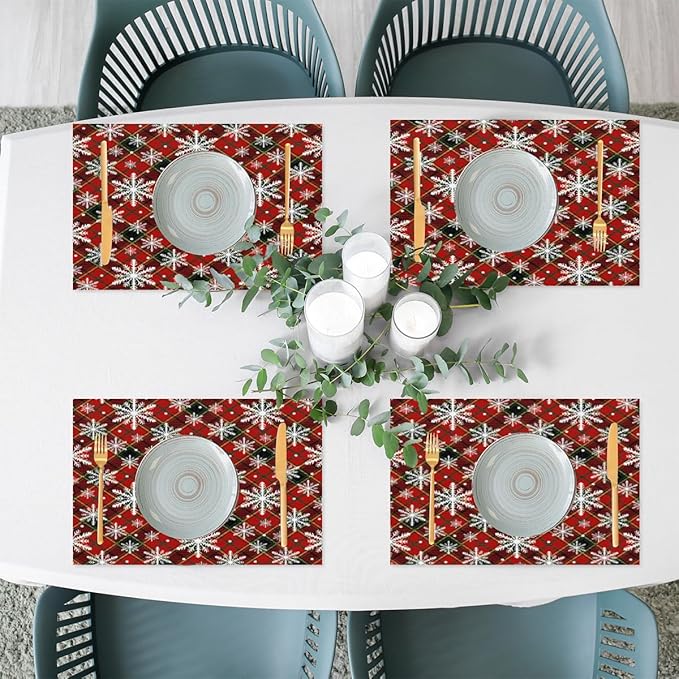 Christmas Xmas Waffle Art Snowflake Placemats Set of 1 PVC Vinyl Non Slip Table Mats Heat Resistant Place Mats Washable Wipeable Dining Table Mat for Kitchen Decor Party Indoor Outdoor Decorative Gift