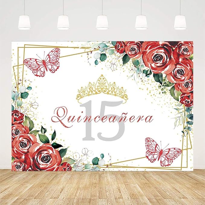 SENDY 8x6ft Quinceañera Backdrop Mis Quince 15 Anos Birthday Party Decorations Supplies for Girl Princess Red Floral Flowers Butterfly Gold Crown Photography Background Banner Photo Booth Studio Props