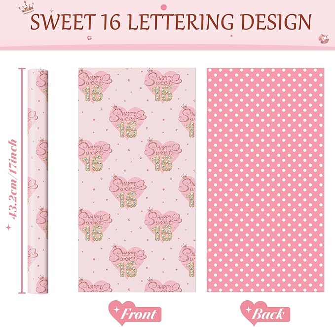 WERNNSAI Sweet 16th Birthday Wrapping Paper - 1 Roll 17”x 33ft Pink Love Heart Wrapping Paper 16th Girl Birthday Gift Packing Suppply for Princess Theme Party Wrap Decor Supply