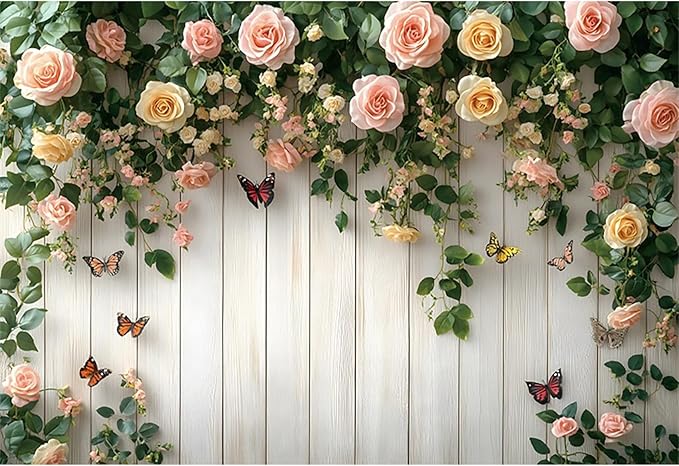 Baocicco 10x6.5ft Wooden Flower Backdrops for Photography Spring Botanical Green Leaf Butterfly Farmhouse Background for Engagement Bridal Shower Baby Shower Birthday Wedding Party Decoration Supplies