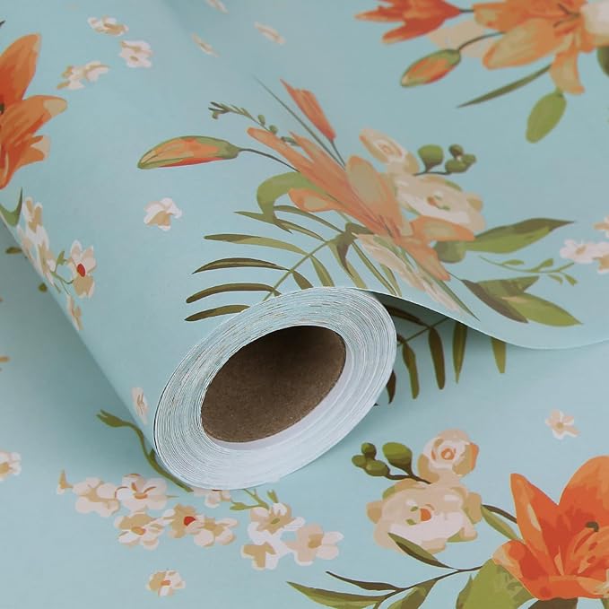 Aimyoo Blue Floral Wrapping Paper Jumbo Roll 17 in x 60 ft, Daylily Flower Gift Wrap for Wedding Birthday Bridal Shower