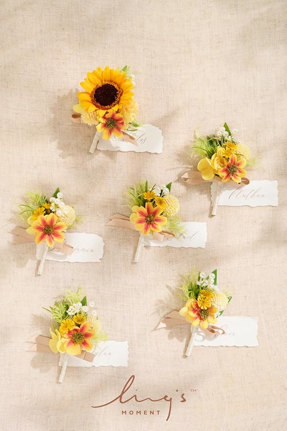 Ling's moment Boutonniere for Men, 6pcs Groom Groomsmen Boutonniere, Artificial Flowers for Wedding Decor/Prom/Homecoming, etc.Sunflower Yellow