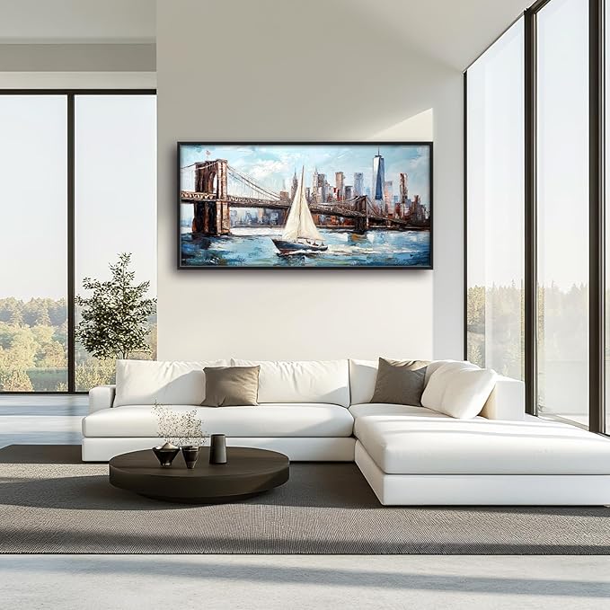 Extra Large Sailboat Framed Wall Art for Living Room,Oversized New York Brooklyn Bridge Pictures Wall Decor,Cityscape Canvas Print Painting Modern Artwork Bedroom Office Bathroom 60L x 30W
