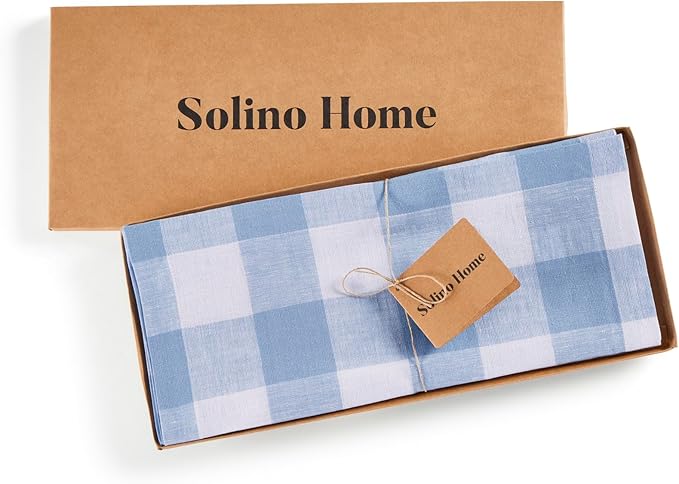 Solino Home Linen Checkered Table Runner 120 Inches Long - 100% Pure Linen Chambray Blue and White Buffalo Check Table Runner 14 x 120 Inch Ideal for Dining, Spring, Easter