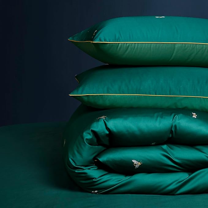 mixinni Dark Green Duvet Cover Full Size, 100% Long Staple Cotton Honeybee Floral Pattern 3pc Bedding Duvet Cover Set with Zipper Ties 2 Pillowcases Perfect for Him and Her-Full Size