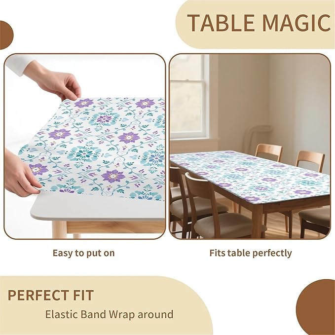 Rectangle Table Cloth Cover Waterproof Elastic Fitted Polyester Fitted Tablecloths for 6 Foot Tables for Indoor,Picnic, Camping, Outdoor （60" x 30"，Geometric Flowers）