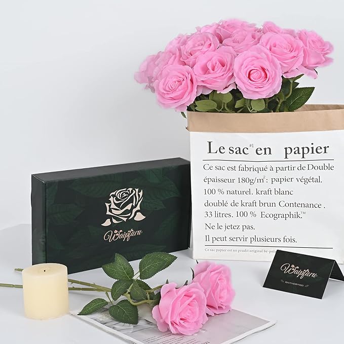 Waipfaru 12 Pcs Artificial Flowers Fake Silk Pink Roses Bulk, Faux Real Touch Roses Bouquet with Long Stem for Wedding Party Home Decor (Pink)
