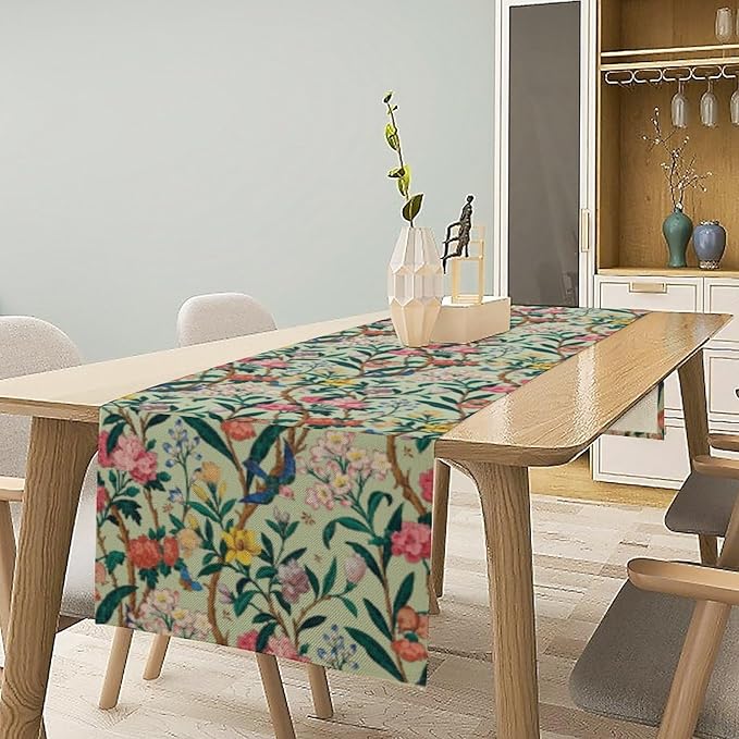 William Morris Floral Table Runner, Birds Butterflies and Bees Botanical Flower Original Design Print Table Runner for Home Party Dining Room Kitchen Decor 13x120 Inch