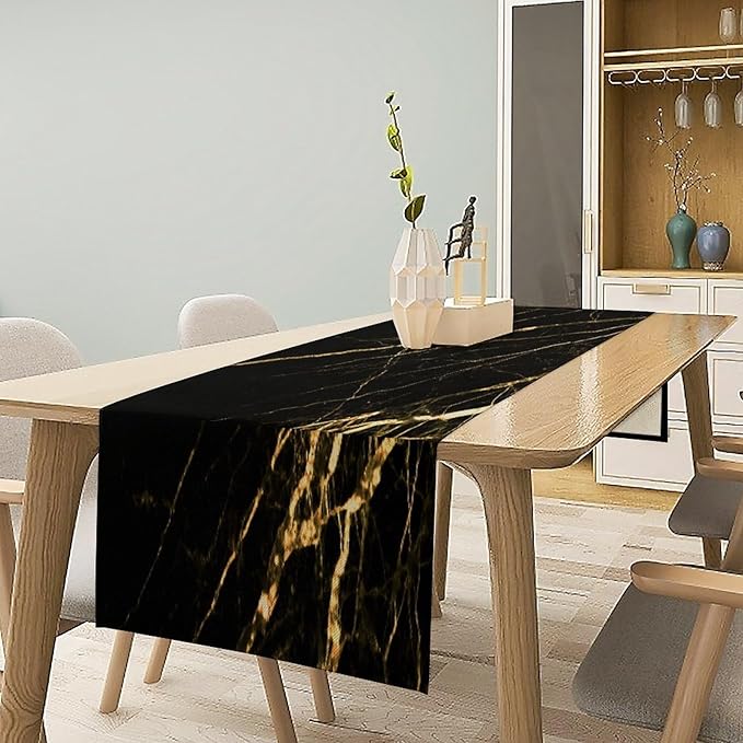 Black Grey Marble Table Runner Abstract Gold Black Grey Marble Pattern Seasonal Dinner Runner Table Decoration for Farmhouse Home Kitchen Dining Holiday Party 13x90in