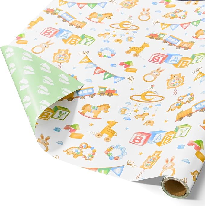 WERNNSAI Baby Shower Wrapping Paper Roll - 1 Roll 17”x 16.4ft Gender Neutral Baby Gift Wrap Newborn Toys Design Gift Packing for Boy & Girl Party Decor Reversible Footprint Print