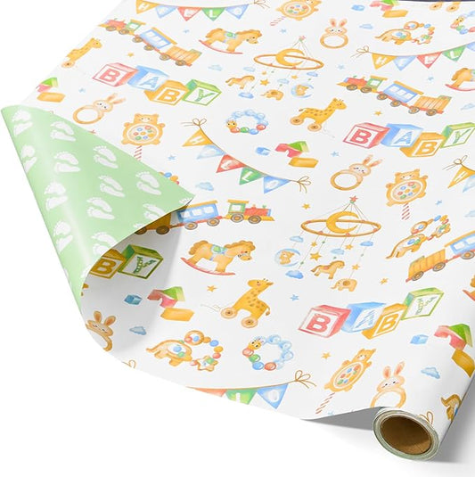 WERNNSAI Baby Shower Wrapping Paper Roll - 1 Roll 17”x 16.4ft Gender Neutral Baby Gift Wrap Newborn Toys Design Gift Packing for Boy & Girl Party Decor Reversible Footprint Print
