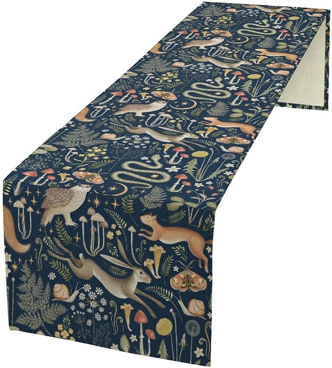 Fairy Forest Table Runner, Rustic Retro Woodland Wildlife Owl Squirrel Flowers Mushroom Seasonal Holiday Kitchen Dining Coffee Table Decoration For Home Indoor Outdoor Party Wedding, 13x60inch