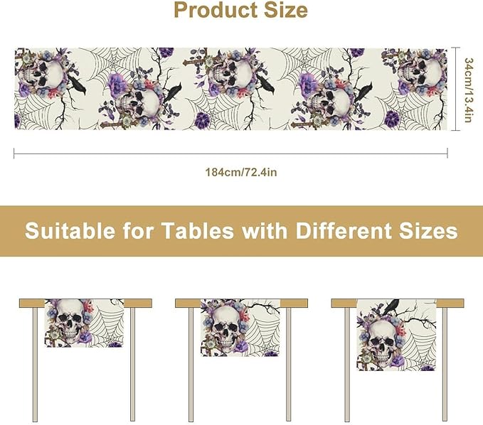 Gothic Floral Table Runner, Retro Dark Skull Spider Web Crow Flower Halloween Witchy Coffee Table Center Decor for Home Kitchen Dining Patio Holiday Party Table Decorations 13x36 inches
