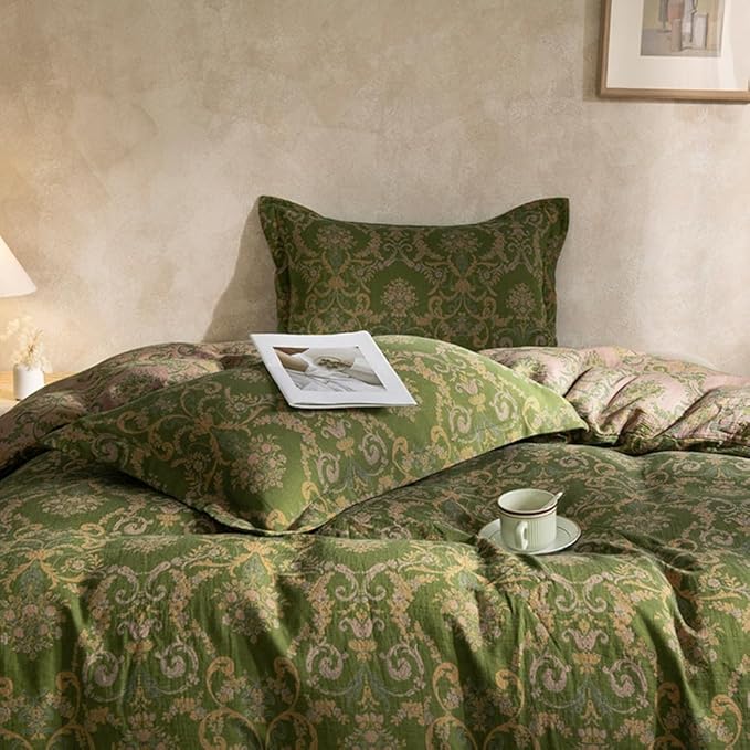 VM VOUGEMARKET Olive Green Duvet Cover Set King,Reversible Medallion Flower Print Bedding Set Linen Cotton Yarn-Dyed Textured Bohemian Duvet Cover with Zipper Closure