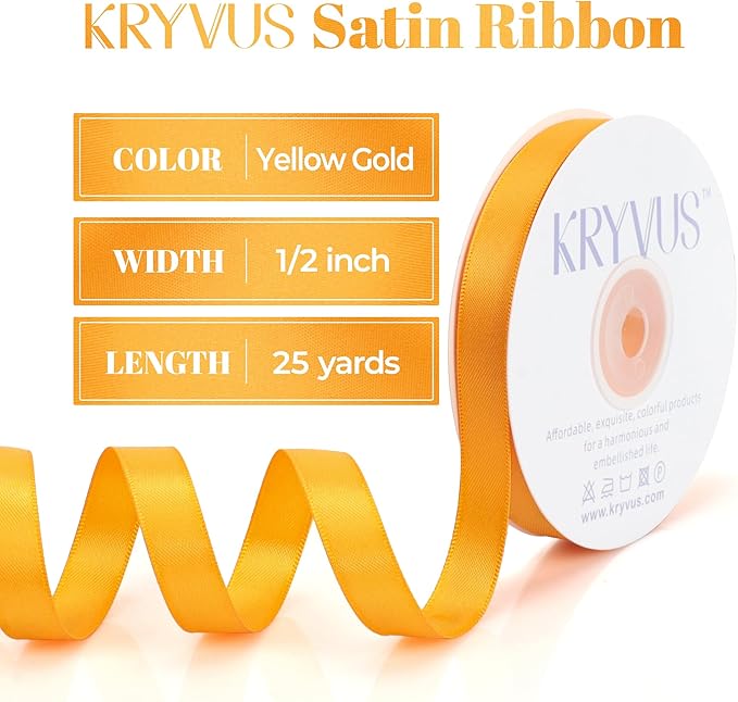 Double Faced Yellow Gold Satin Ribbon, 1/2 Inch X 25 Yards Polyester Ribbon for Gift Package Wrapping, Crafts, Bow Making, Sewing, Flower Bouquet, Wedding Party Decor