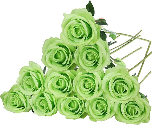 Felice Arts 12 Pack Light Green Artificial Flowers with Stems Silk Roses Fake Flowers Bouquet for Wedding Centerpiece Table Vase Home Kitchen Party DIY Decor