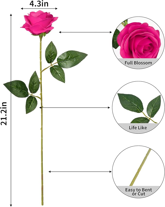DuHouse 10pcs Silk Roses Artificial Flowers Fake Rose for Arrangement Wedding Party Home Decoration(Fuchsia)