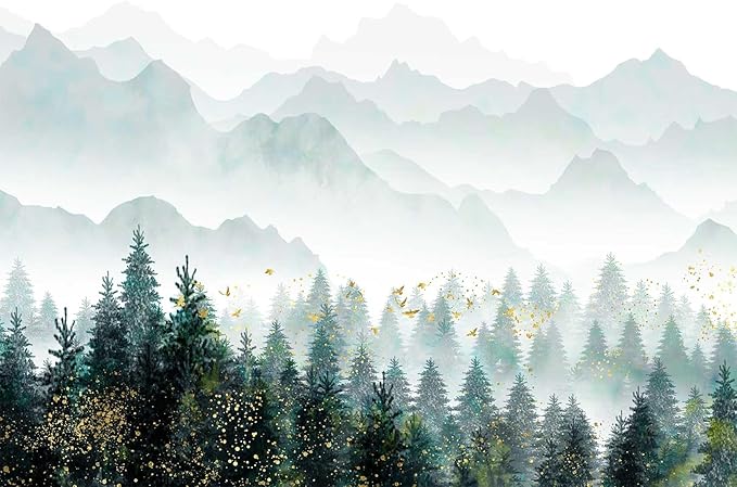 Hazy Forest Wallpaper with Gold flecks, Misty Mountain Peaks Mural, Nature Landscape Wall Mural（Non-self-Adhesive）