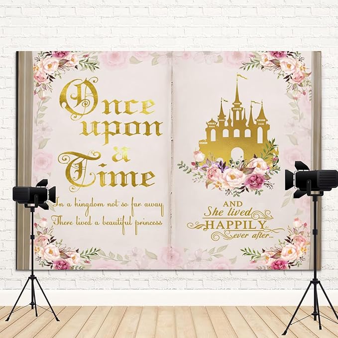 12x10ft Once Upon a Time Backdrop Pink Flower Gold Castle Photography Background Fairy Tale Books Floral Princess Girls Birthday Banner Decorations Fairytale Wedding Portrait Photo Booth Prop
