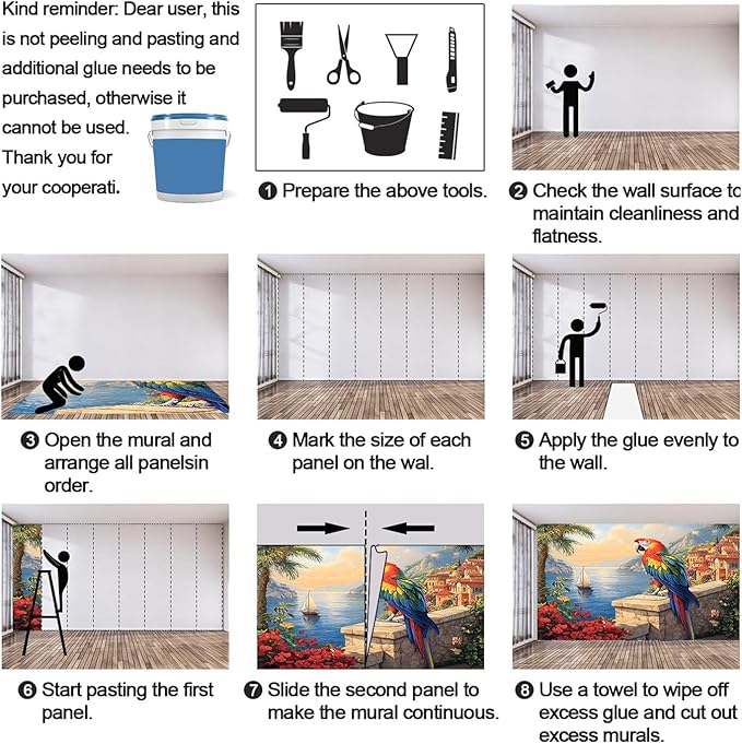 KIREUPA Macaw Parrot Wall Mural, Coastal Mediterranean Parrot 3d Wall Murals, Sunset Seaside Village Scene Wallpaper Mural, for Living Room Bedroom Large Wallpaper Indoor Decor 177.16" W x120 H