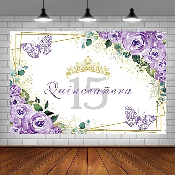 SENDY 7x5ft Quinceañera Backdrop Mis Quince 15 Anos Birthday Party Decoration Supplies for Girl Princess Purple Floral Butterfly Gold Crown Photography Background Banner Photo Booth Studio Props Vinyl