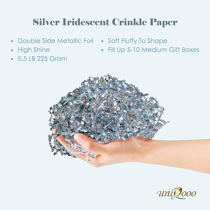 UNIQOOO 1/2 LB Metallic Iridescent Silver Crinkle Cut Paper Shredded Filler, Sparkle Crystal Unicorn Silver Paper Shreds Raffia Tissue, Craft Bedding Cushion, For Christmas Gifts Wedding Birthday