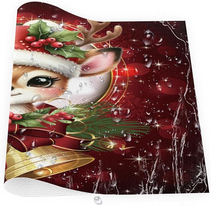Christmas Xmas Bells Deer Placemats Set of 1 PVC Vinyl Non Slip Table Mats Heat Resistant Place Mats Washable Wipeable Dining Table Mat for Kitchen Decor Party Indoor Outdoor Decorative Gift