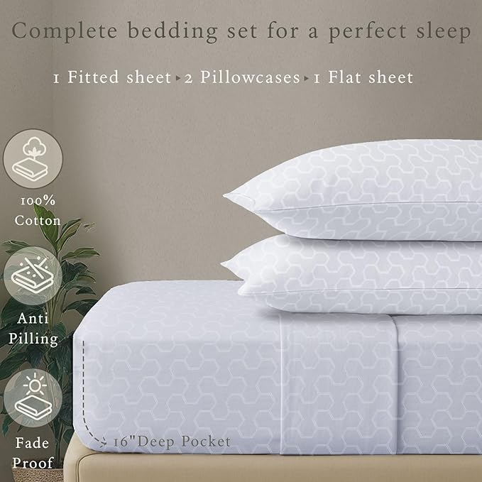 Threadmill 500 Thread Count Twin-XL Size 3 Pc Luxury Cotton Bed Sheet Set, Jacquard Floria Hotel White, Breathable Sheets with 15" Elasticized Deep Pocket, 1 Pillowcase & Free Tote Bag