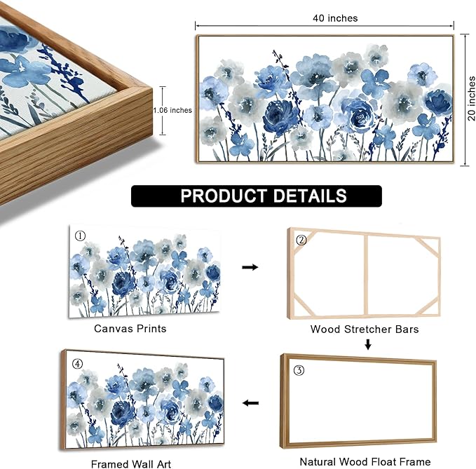 Framed Flowers Canvas Wall Art - Indigo Floral Canvas Pictures Living Room Wall Decor Botanical Canvas Prints Painting Abstract Artwork Bedroom Office Home Decor 20"x 40"
