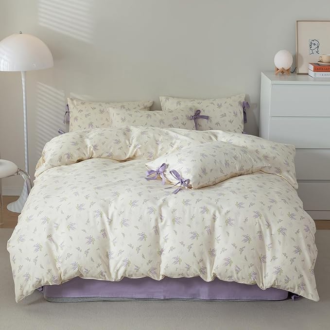 HighBuy Coquette Purple Floral Comforter Set Full Size Garden Floral Bedding Comforters with 2 Bow Tie Pillowcases for Teen Girl Vintage Boho Comforter Fluffy Soft All Season Comfy Comforters
