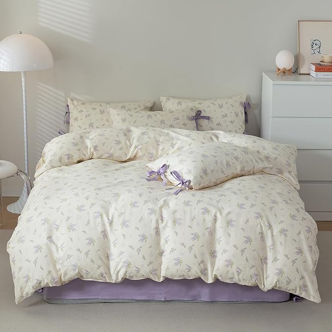 HighBuy Botanical Floral Duvet Cover Full Boho Duvet Cover Set Soft Cotton Coquette Bedding White Duvet Cover Set Floral Duvet Cover,Soft Cotton Full Bedding Set with 2 Bowknot Bow Tie Pillowcases
