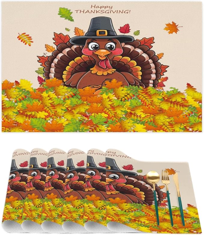 Thanksgiving Leaf Turkey Placemats Set of 4 PVC Vinyl Non Slip Table Mats Heat Resistant Place Mats Washable Wipeable Dining Table Mat for Kitchen Decor Party Indoor Outdoor Decorative Gift