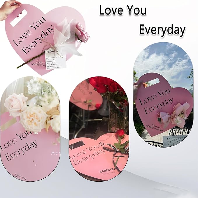Ylapagne 5 PCS Valentine's Day Handheld Flower Wrapping Box Heart Shaped Flower Tote Single Rose Bouquet Packaging Floral Boxes for Valentine's Day Mother's Day Wedding(Pink)