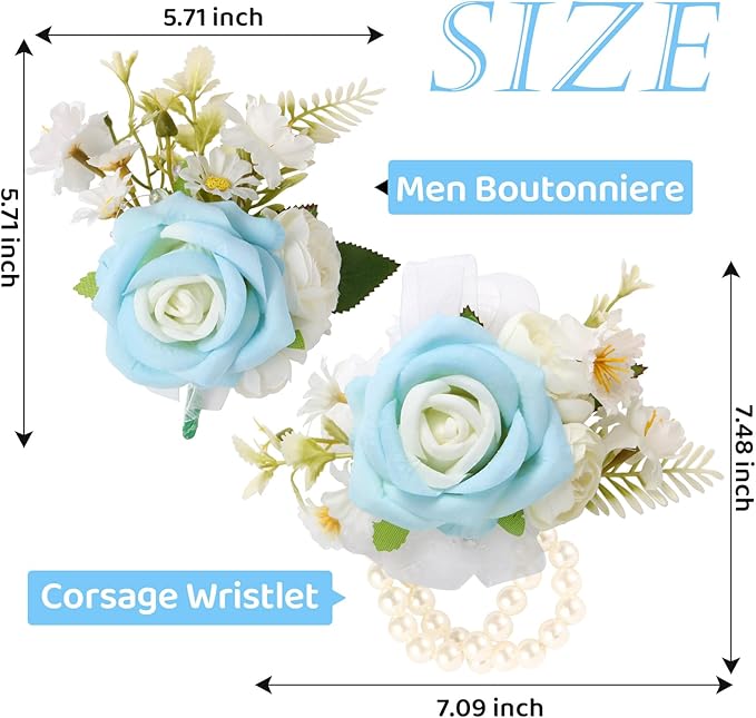 Wrist Corsage and Boutonniere Set, Artificial Rose Corsage Wristlet and Boutonniere for Wedding Prom Party (Blue, 2pcs)
