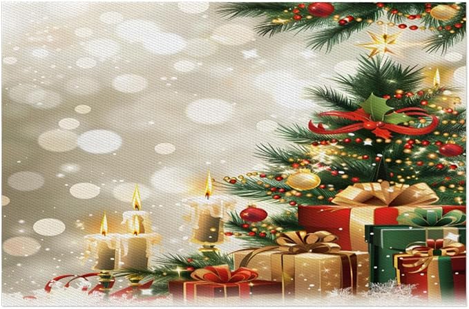 Xmas Christmas Tree Green Placemats Set of 4 PVC Vinyl Non Slip Table Mats Heat Resistant Place Mats Washable Wipeable Dining Table Mat for Kitchen Decor Party Indoor Outdoor Decorative Gift